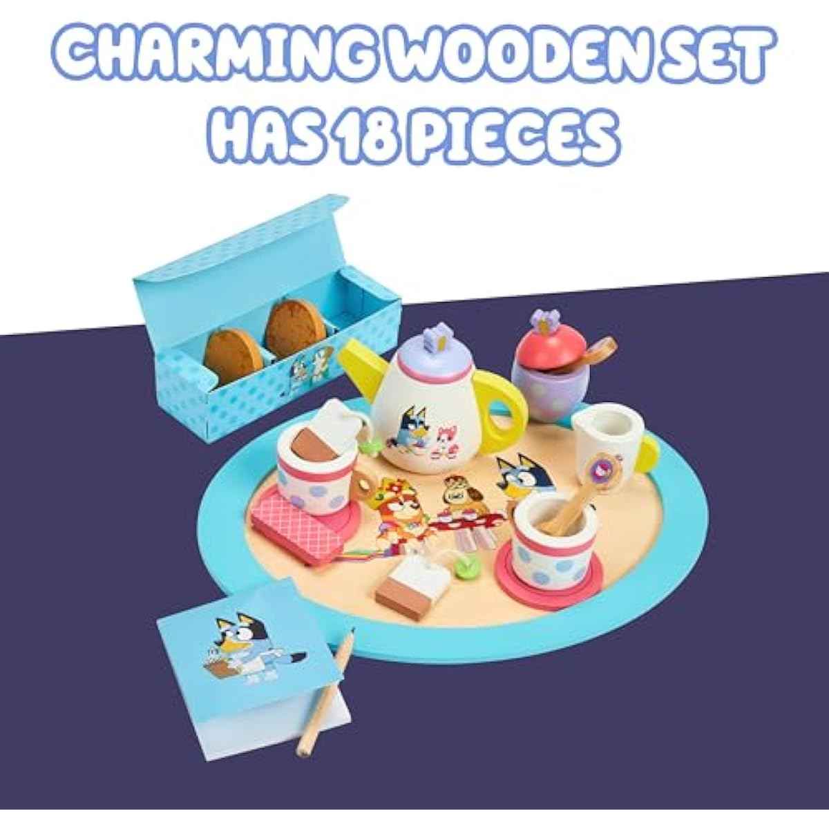 8th Wonder Bluey Toys Wooden Tea Party Set, 18-Piece Durable Toy Tea Set with Tray, Teapot, Teaspoons, and More, Pretend Play for Toddlers of Ages 3+