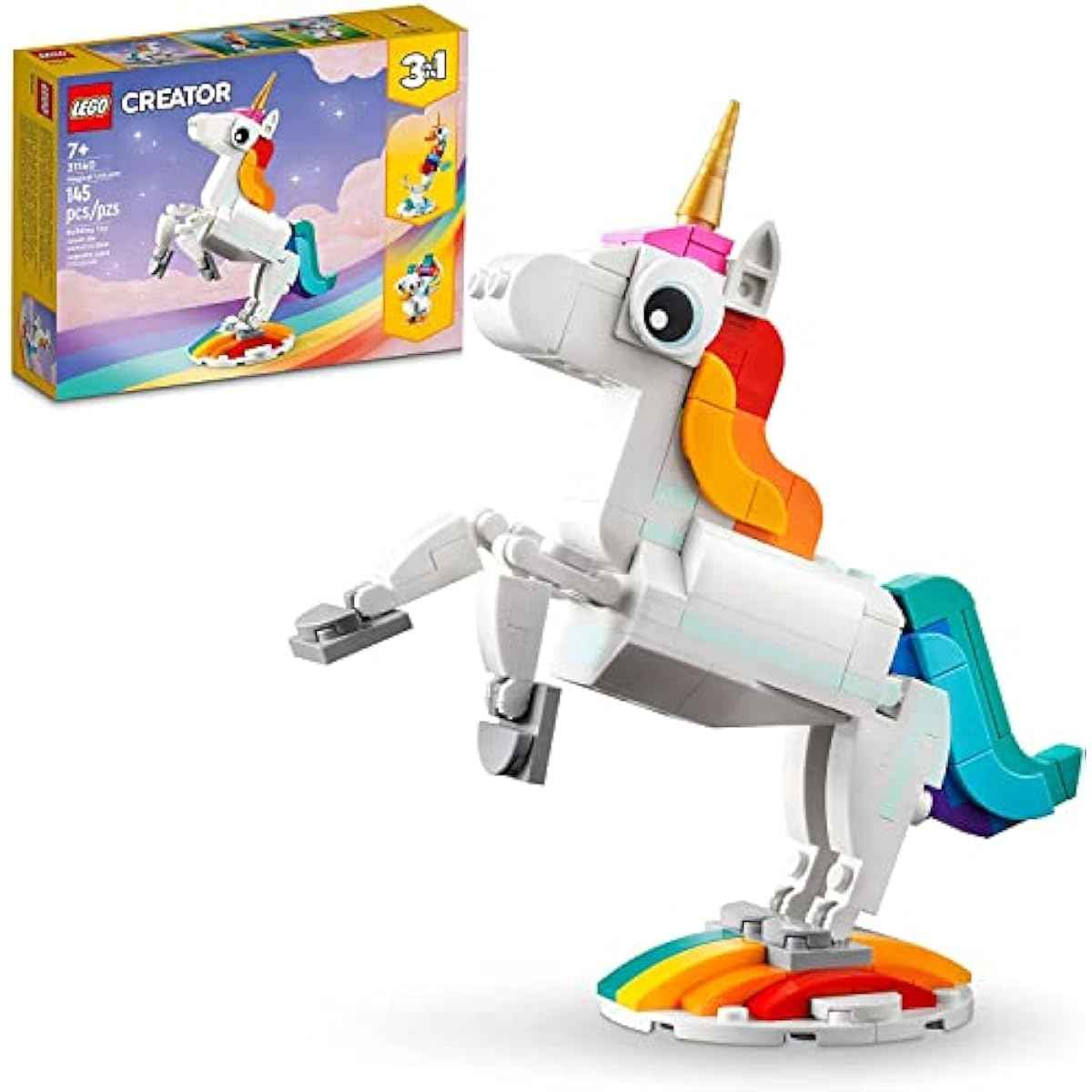 LEGO Creator 3 in 1 Magical Unicorn Toy, Transforms to Seahorse to Peacock, Rainbow Animal Figures, Unicorn Gift for Grandchildren, Girls and Boys, Buildable Toys, 31140