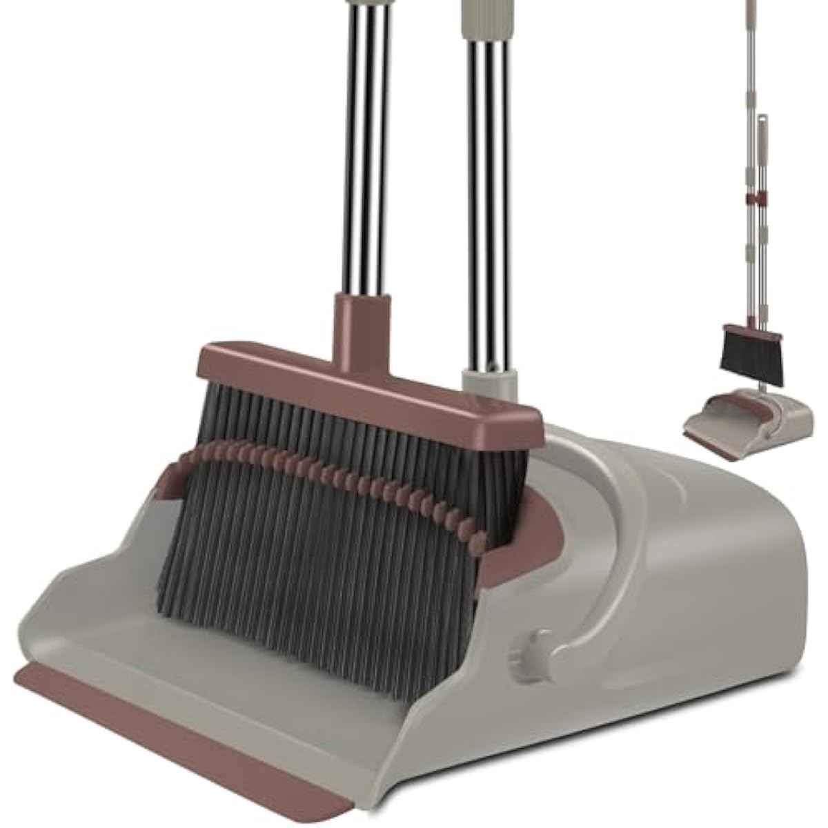 kelamayi Upgrade Broom and Dustpan Set, Self-Cleaning with Dustpan Teeth, Ideal for Dog Cat Pets Home Use, Super Long Handle Upright Stand Up Broom and Dustpan Set (Brown)