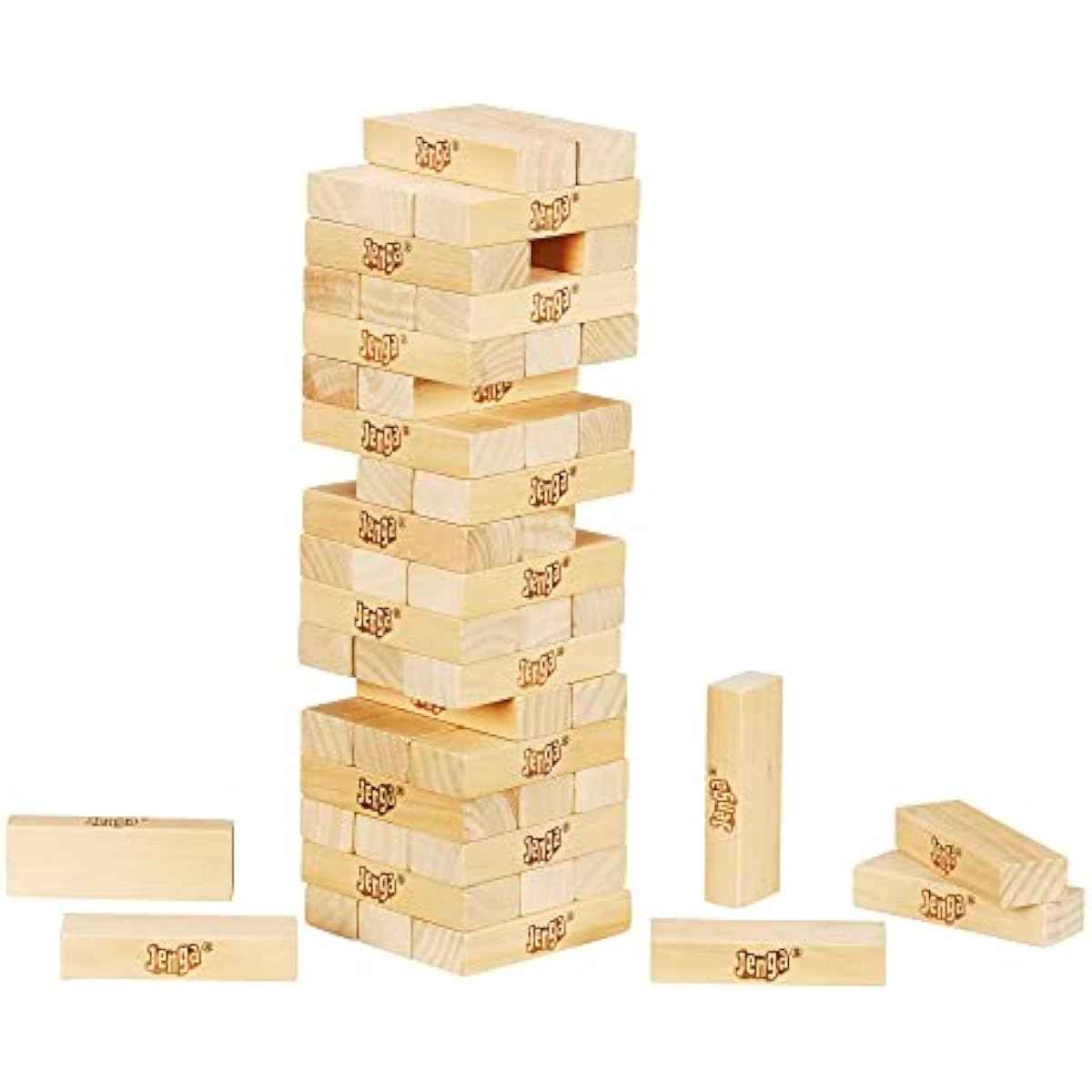 Hasbro Gaming Jenga Wooden Blocks Stacking Tumbling Tower Game | Party Games for Kids & Families | Stocking Stuffers | Ages 6+ (Amazon Exclusive)