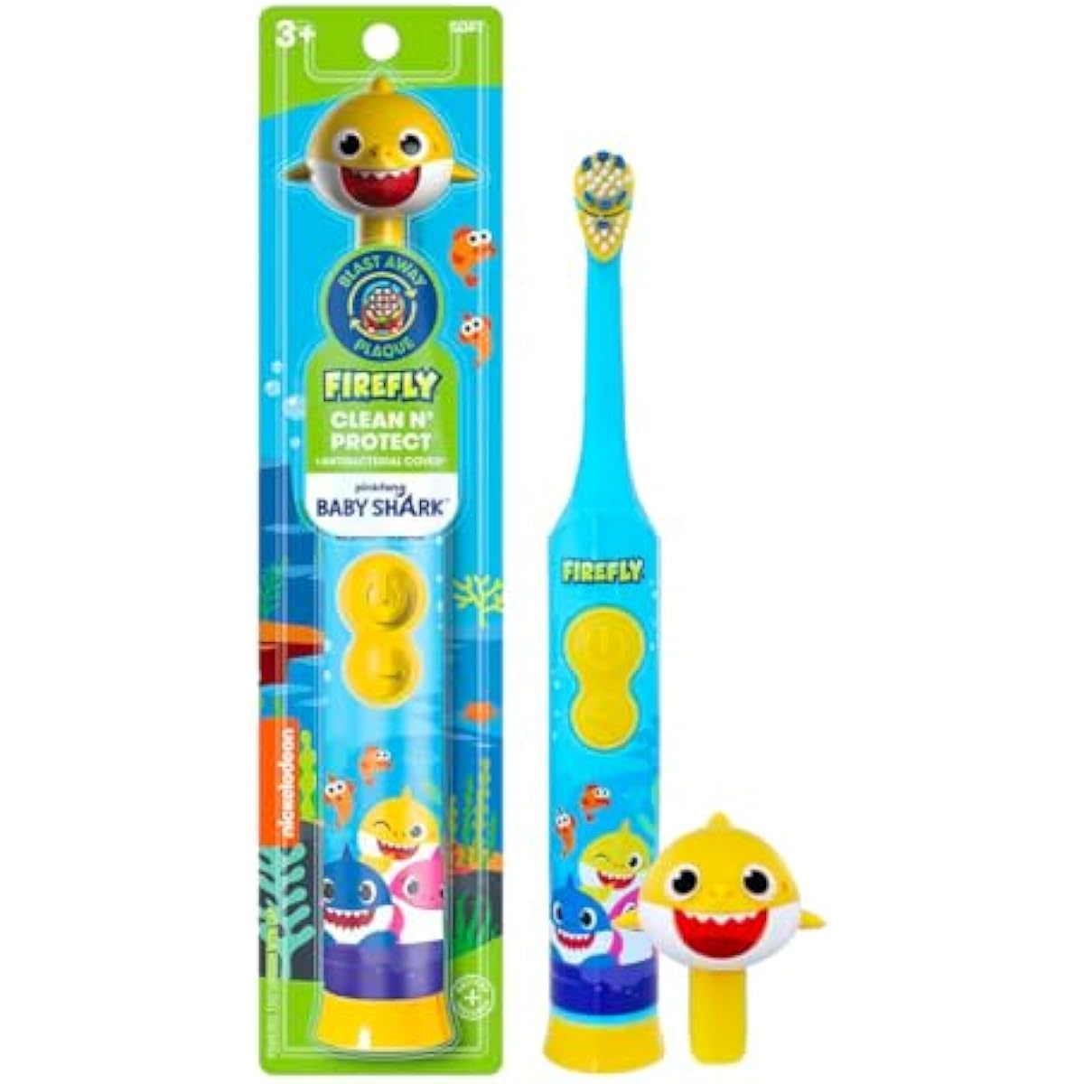 Firefly Clean N' Protect Baby Shark Toothbrush with soft bristles and anti-slip grip handle, battery included, ages 3+