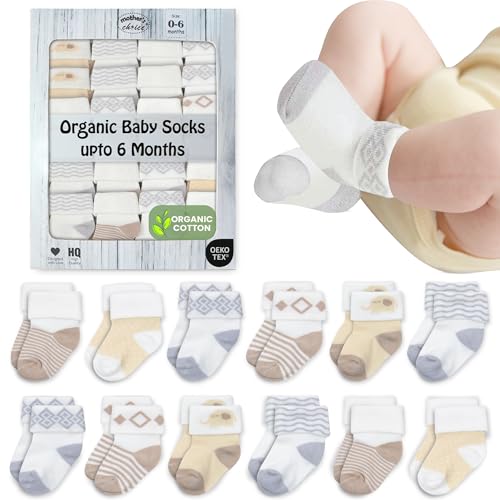 Mother's Choice Organic Cotton Baby Socks 0-6 Months, 12 pairs, Soft, Cozy, and Gentle Socks for Infants Girls and Boys