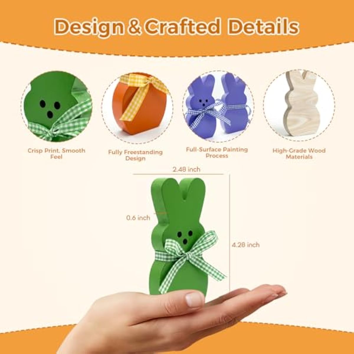 Easter Decorations for Home, 6 Pcs Wooden Bunny Table Decorations Signs with DIY Ribbons, Indoor Spring Easter Decor for Office Bedroom Kitchen Tiered Tray Mantel Shelf, 4.28 Inch