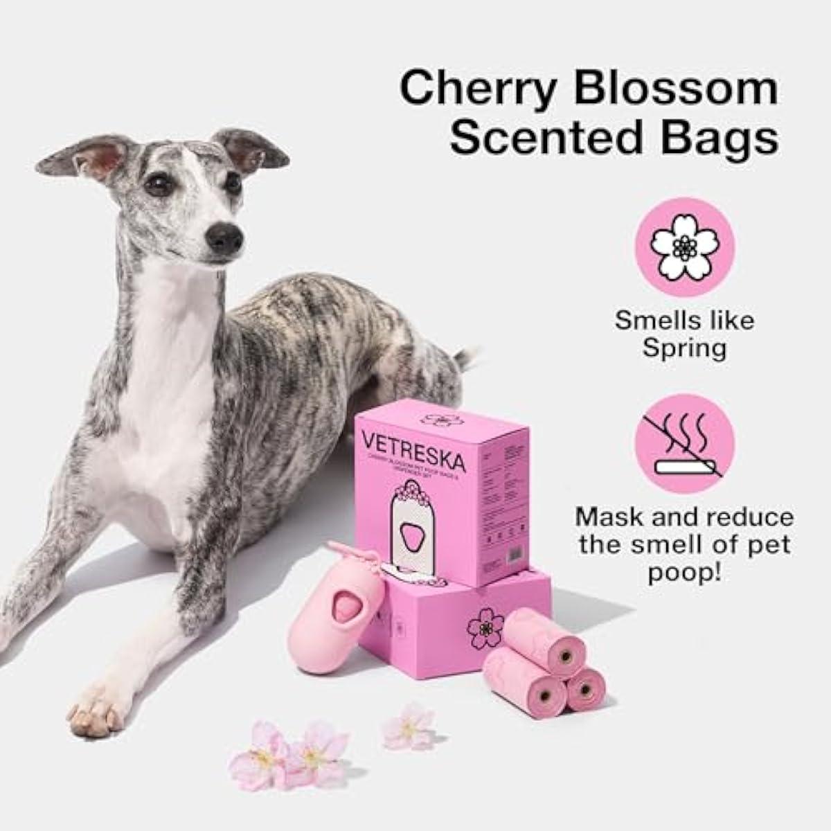 vetreska dog poop bag dispenser with cherry blossom scented bags and holder, pink