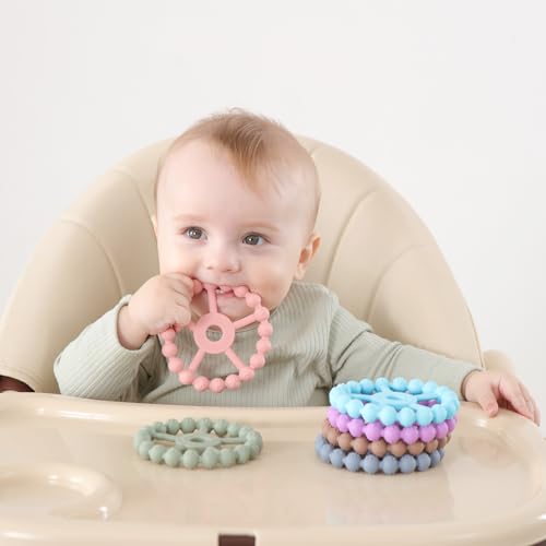 silicone teether ring toys for babies 0-6 months, 3-pack purple pink white