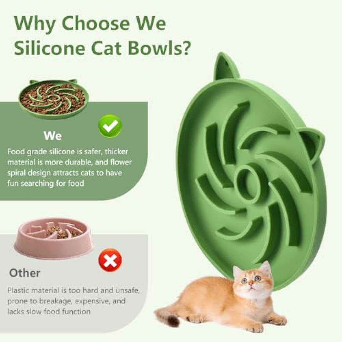 2Pcs Silicone Slow Feeder Cat Bowl,Puzzle Feeder,Interactive Toys,Slow Feeding cat Bowl Suitable for All Dry and Wet Foods,Easy to Clean Silicone Bowls (Green and Blue)
