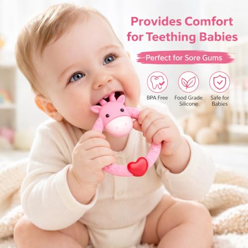 SHARE&&CARE BPA Free Silicone baby teether giraffe toy with storage case, for 3 months above infant sore gums pain relief (Pink)