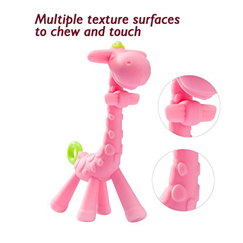SHARE&&CARE BPA Free Silicone baby teether giraffe toy with storage case, for 3 months above infant sore gums pain relief (Pink)