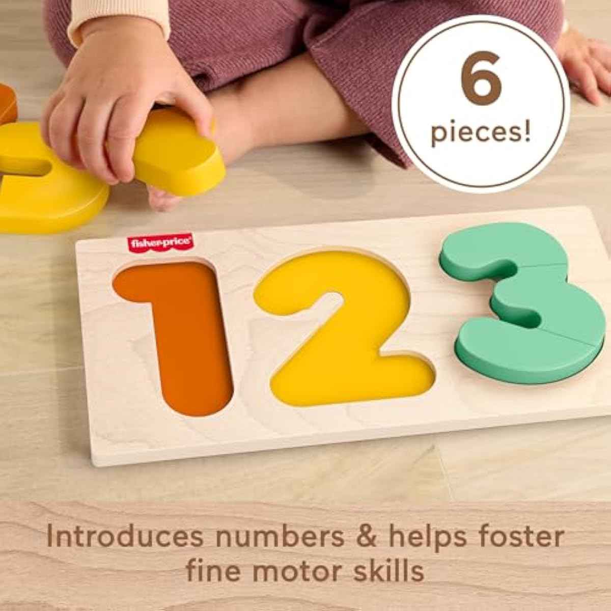 Fisher-Price Wood Montessori Toy 1-2-3 Puzzle, American Montessori Society Seal of Excellence, 6-Piece Wooden Learning Activity & Expert Play Tips for Toddlers & Kids Ages 2+ Years (Amazon Exclusive)