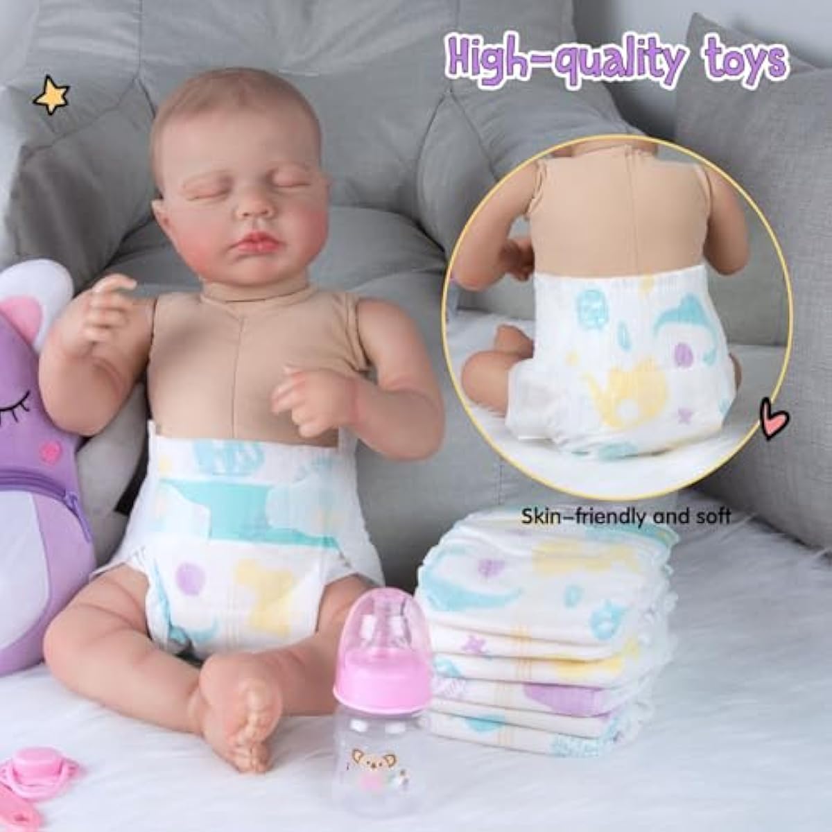 10 Pcs Reborn Baby Doll Diaper Bag Care and Feeding Set for 17-24 inches Reborn Dolls Newborn Baby Accessories with Unicorn Backpack Diapers Pacifier Bottle Comb