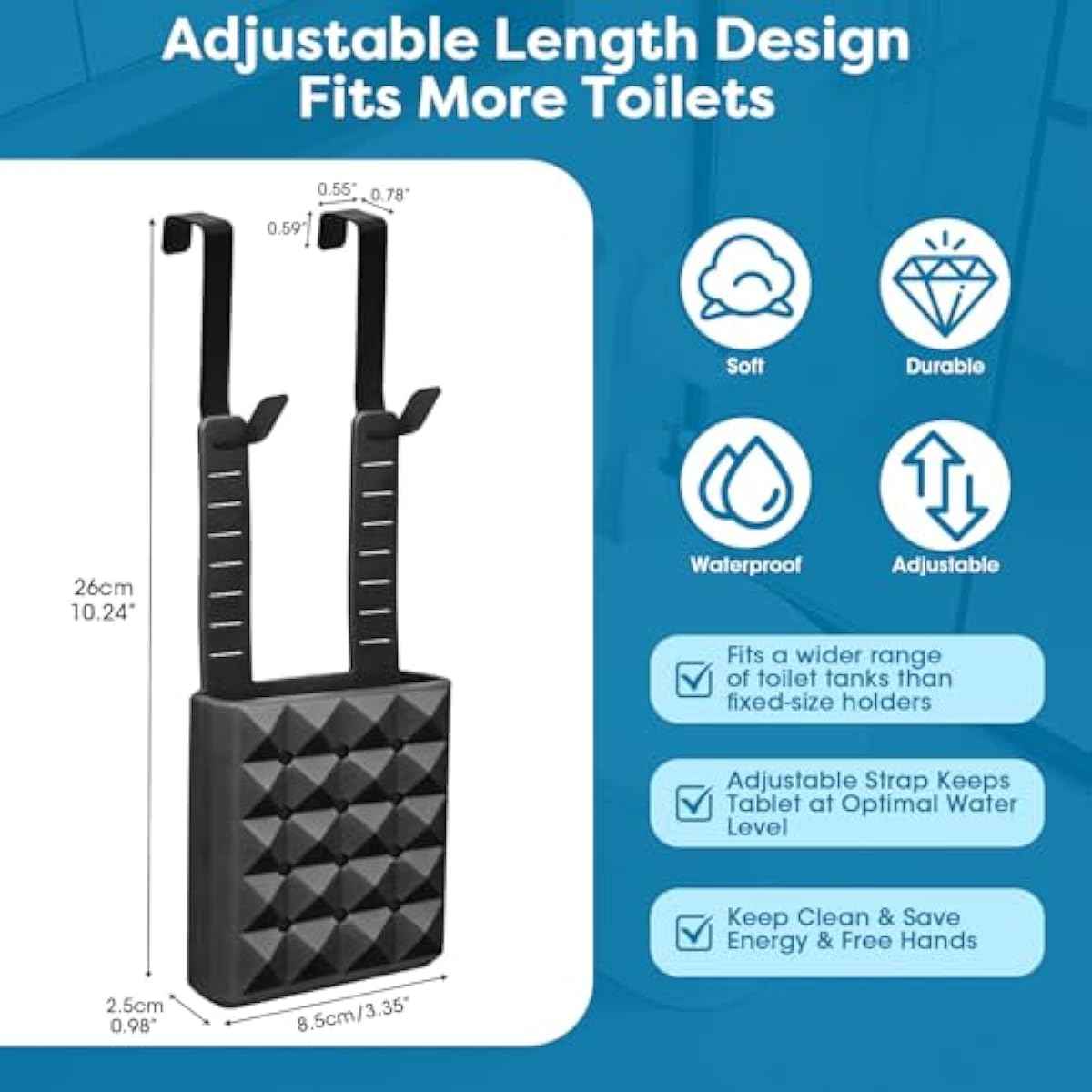 Adjustable Toilet Tank Cleaning Tablet Holder-Hanging Silicone Basket Carrier with Rustproof Hooks for Bowl Cleaner & Bleach Tablet Caddy, Accessory Fit Up to 7" Water Level