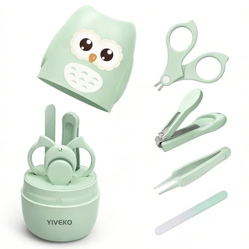 Baby Nail Care Kit, 4-in-1 Set with Owl Case, Clippers, Scissors, File & Tweezers for Newborn to Toddler Kids, Owl Green