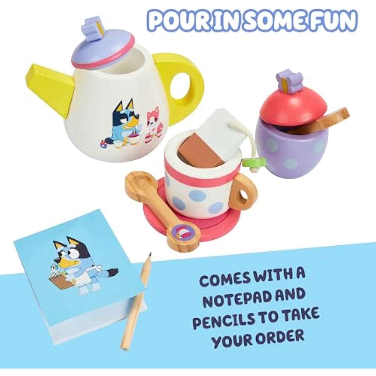 8th Wonder Bluey Toys Wooden Tea Party Set, 18-Piece Durable Toy Tea Set with Tray, Teapot, Teaspoons, and More, Pretend Play for Toddlers of Ages 3+
