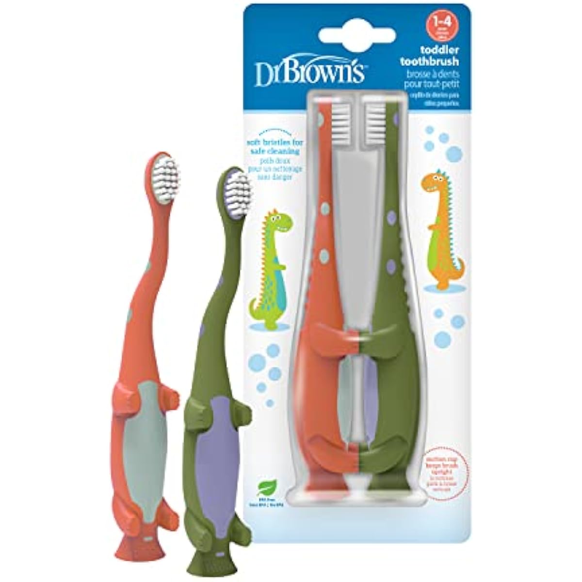 Dr Brown's Baby Toddler Toothbrush Green and Orange Dinosaur 2-Pack Ages 1-4 Years Soft Bristles Suction Cup Base
