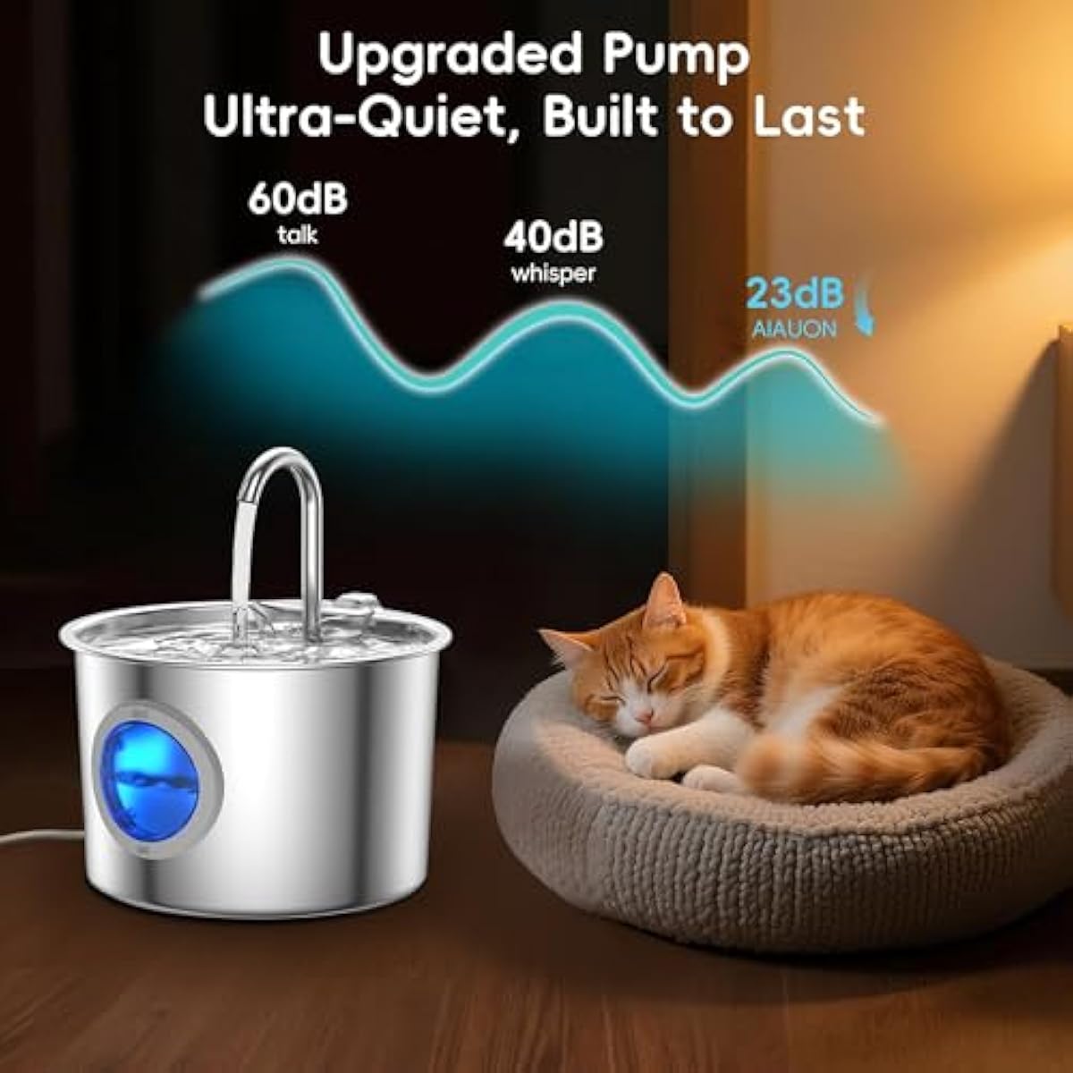 Cat Water Fountain Advanced 304 Stainless Steel 2.2L/74oz with Detachable Tank, Easy to Clean