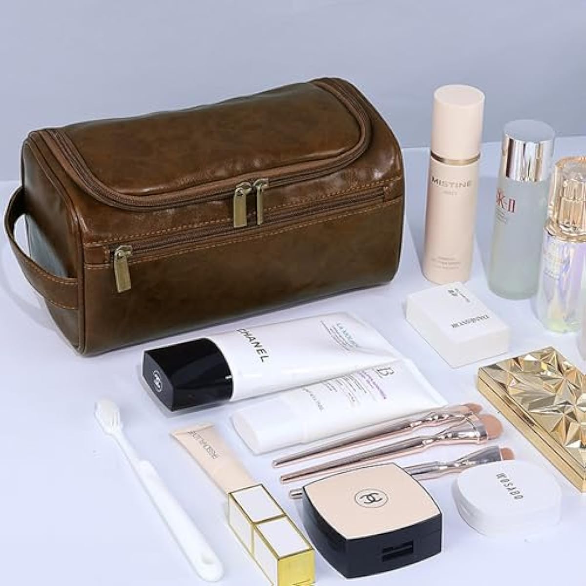 large water-resistant leather dopp kit & medium travel bag set for men - brown