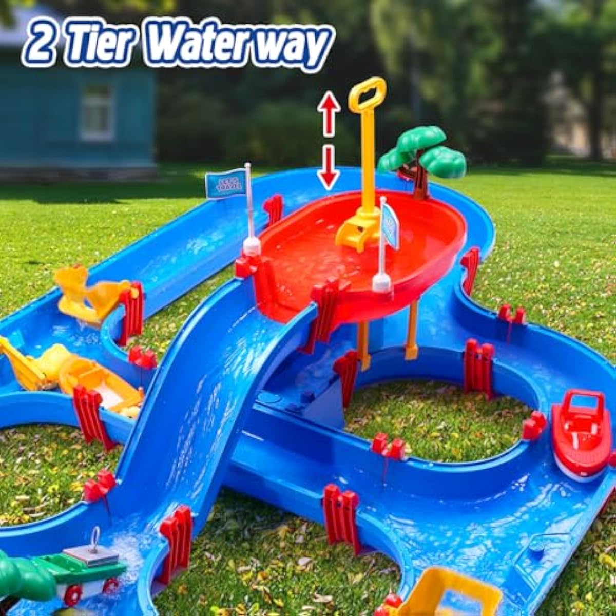 VATOS 2-Tier Water Table for Toddlers in Summer,100PCS DIY Waterways Playset with Pump for Outside Yard,Beach,Poolside Activity Sensory Play Table Addition for Kids Boys Girls Age 3 4 5 6 Year Old