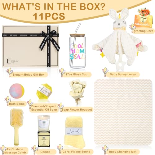 New Mom Gift Box Set - 11PCS Unisex Luxury Spa & Baby Essentials in Elegant Box | Bunny Lovey, Changing Pad, Socks - Baby Shower & Postpartum Care Package for Expecting Moms