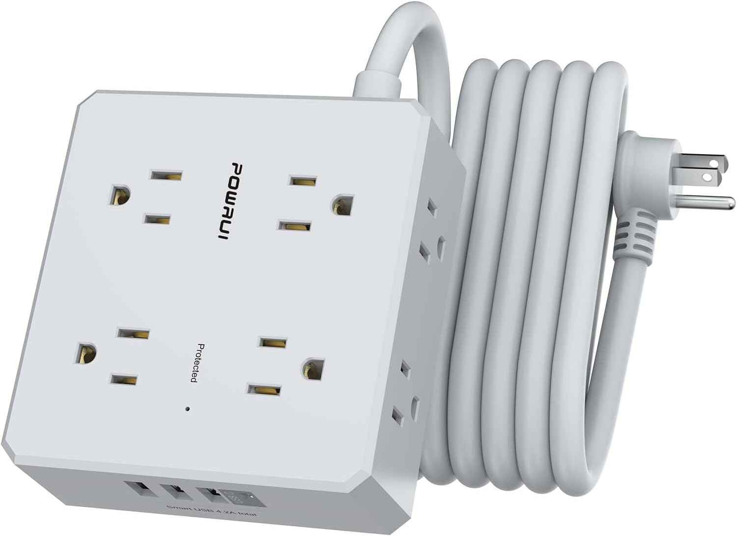 Surge Protector Power Strip - 6 Ft Flat Plug Extension Cord with 8 Widely Outlets and 4 USB Ports(1 USB C), 3 Side Outlet Extender for Home Office, White, ETL Listed