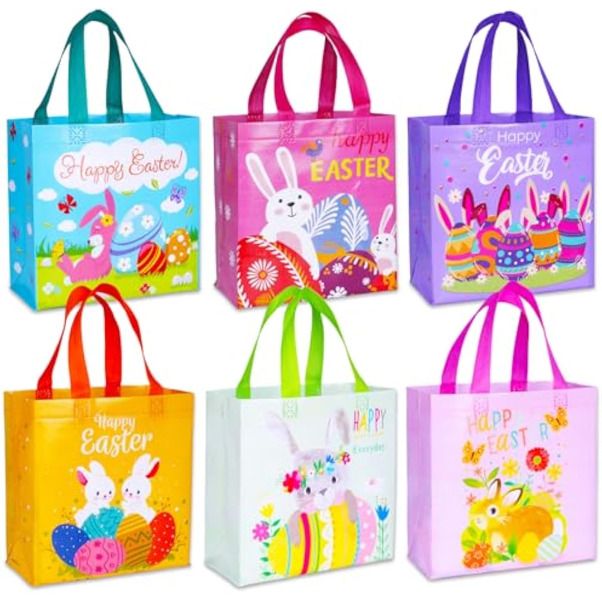 exun happy easter gift bags with handles, bunny carrot chick designs, reusable non-woven treat bags for party favors, gift wrapping, easter basket container, 6-pack, 9.1×8.7×4.5 inch