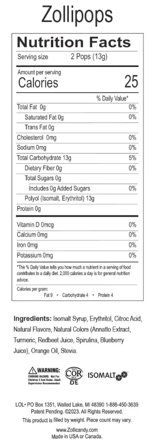 Zollipops sugar-free lollipops for a healthy smile, great for kids, diabetics, and keto diet, natural fruit variety