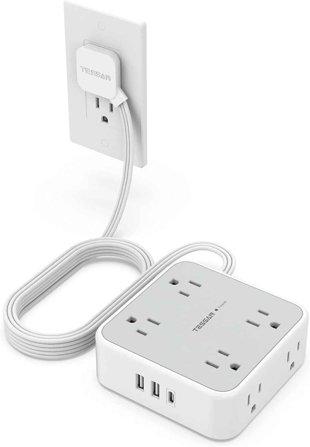 TESSAN Surge Protector Power Strip, 5 Ft Flat Plug Extension Cord with 3 USB (1 USB C) 8 Outlets, 900J Surge Protection, 3 Sided Outlet Extender with Power Switch for Office, Dorm Room Essentials