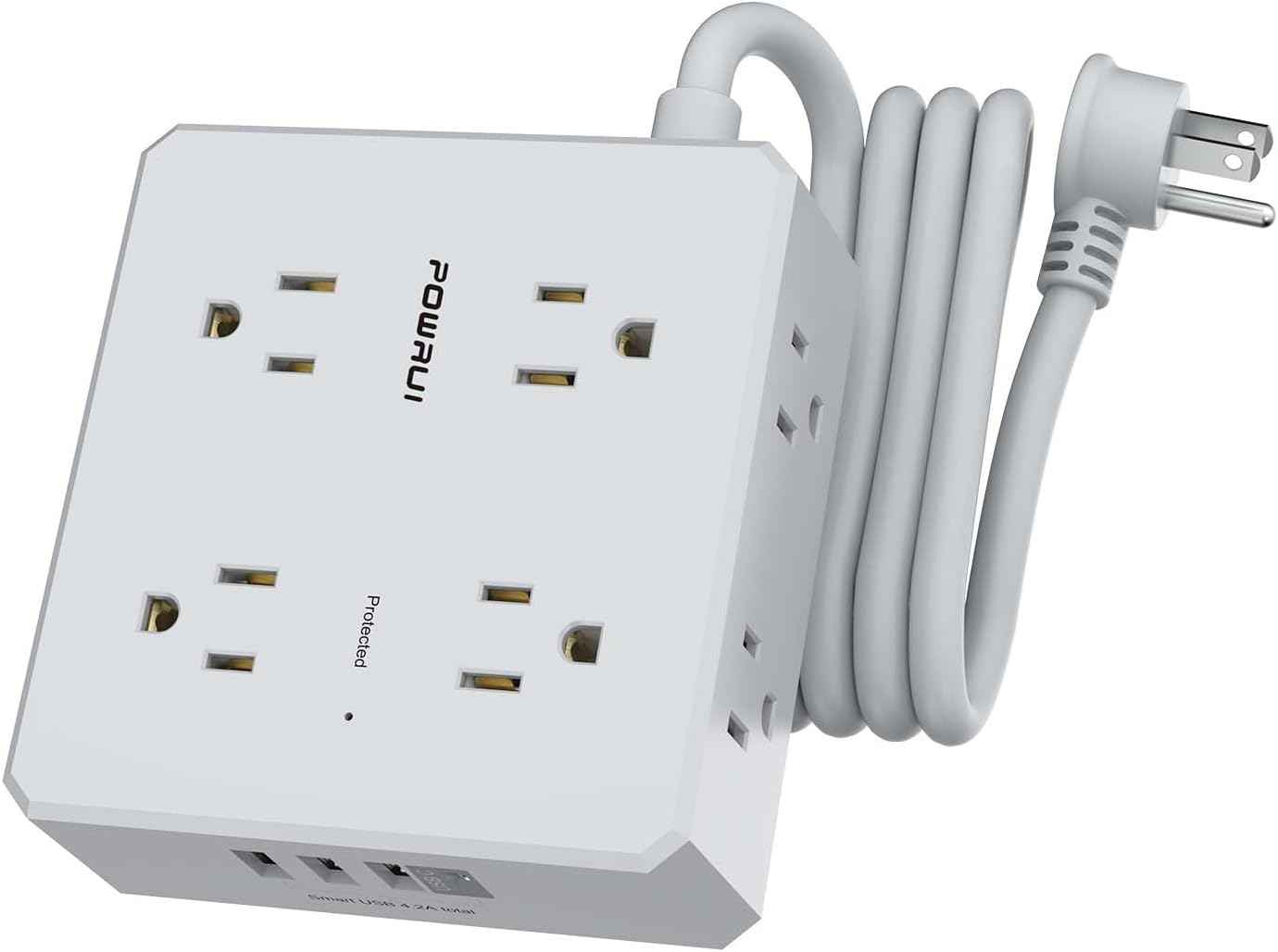 Surge Protector Power Strip - 6 Ft Flat Plug Extension Cord with 8 Widely Outlets and 4 USB Ports(1 USB C), 3 Side Outlet Extender for Home Office, White, ETL Listed