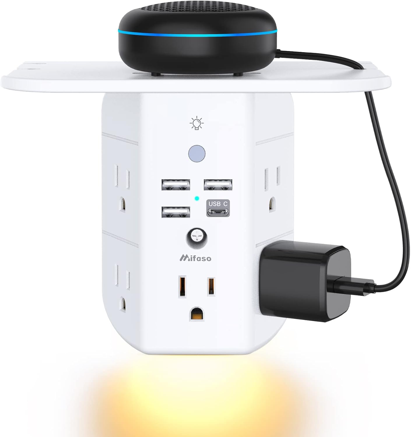 Mifaso 3-sided multi-plug power strip with shelf, night light, and surge protector, white