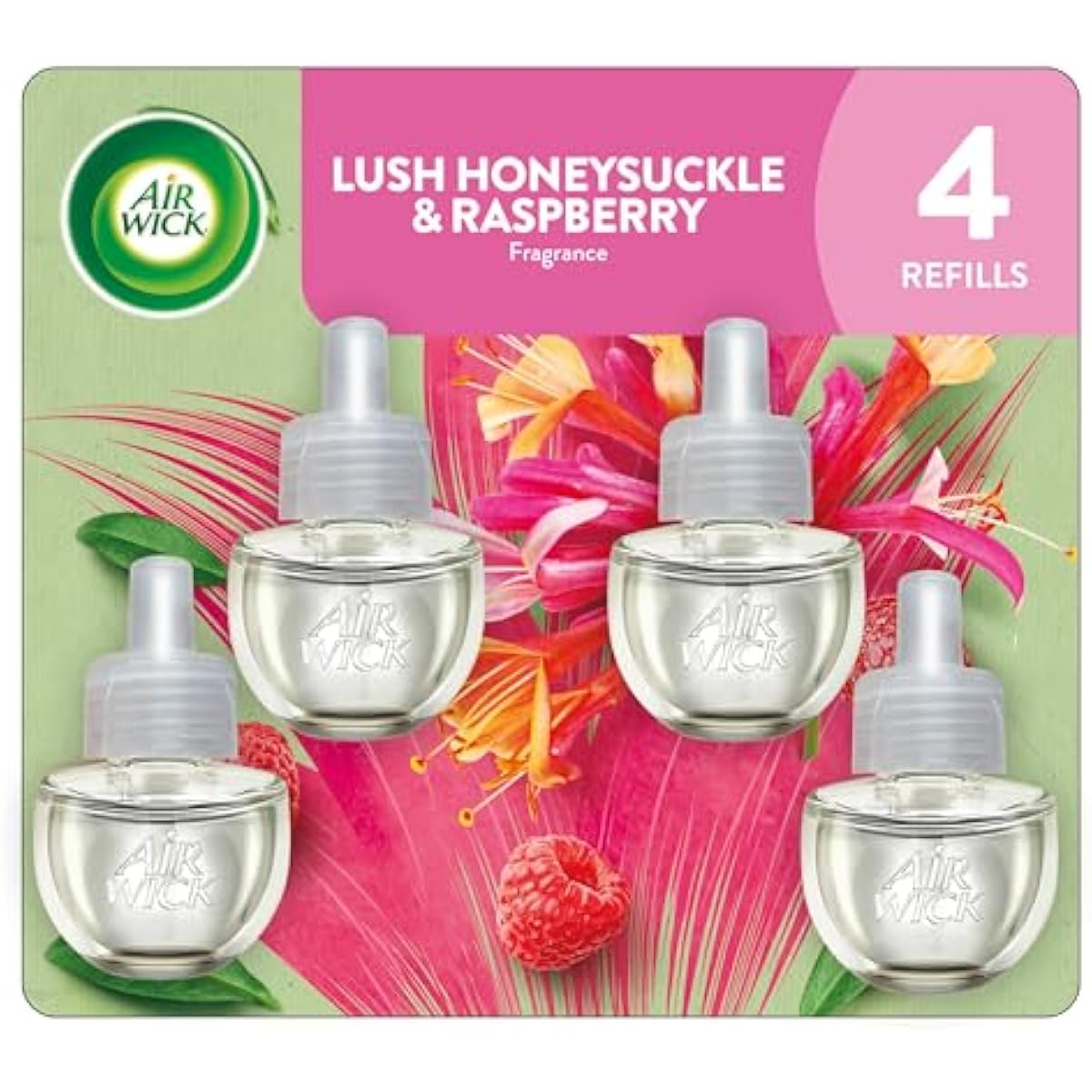 Air Wick plug in scented oil refill, honeysuckle & raspberry, 4 count, essential oils