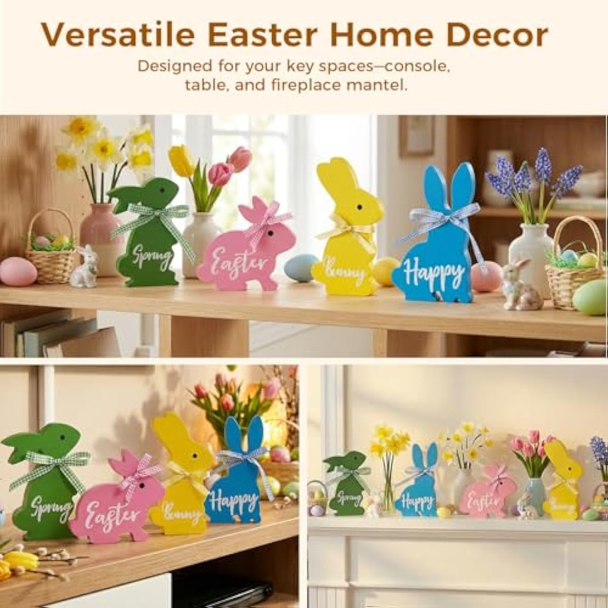 Easter Decor, 4 Pcs Bunny Spring Easter Decorations for Home Office Table, 5~6.4 Inches Wood Rabbit Easter Decorations Sign with Ribbons for Tiered Tray Mantel Shelf, Farmhouse Party Supplies