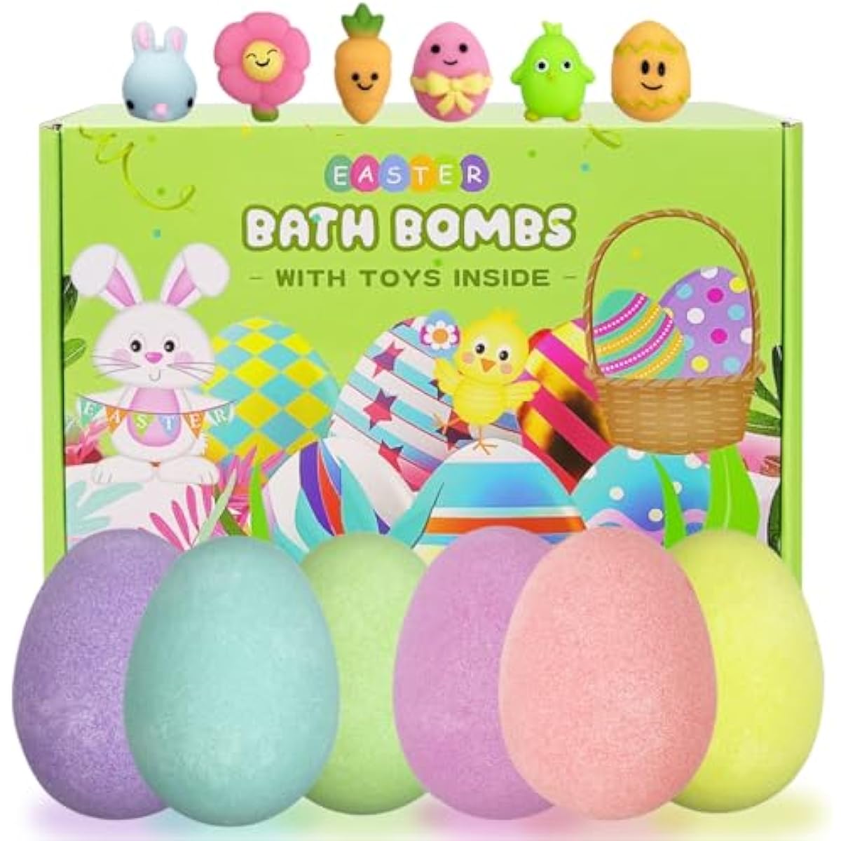Jofan 6 Pack Easter Bubble Bath Bombs with Easter Squishy Toys Inside for Kids Girls Boys Easter Basket Stuffers Gifts