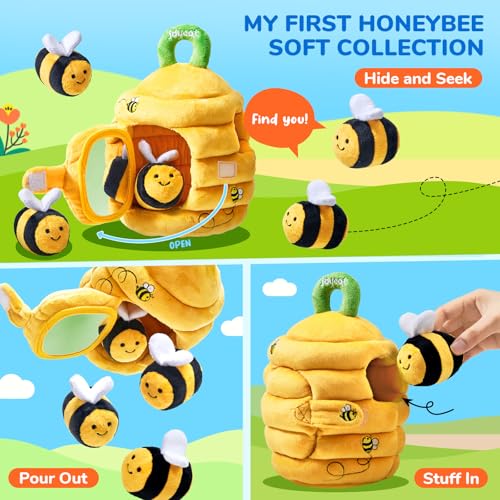 JoyCat soft baby beehive toy with 5 sensory bees for 6-12 months toddlers, rattle, crinkle paper, squeaker, mirror