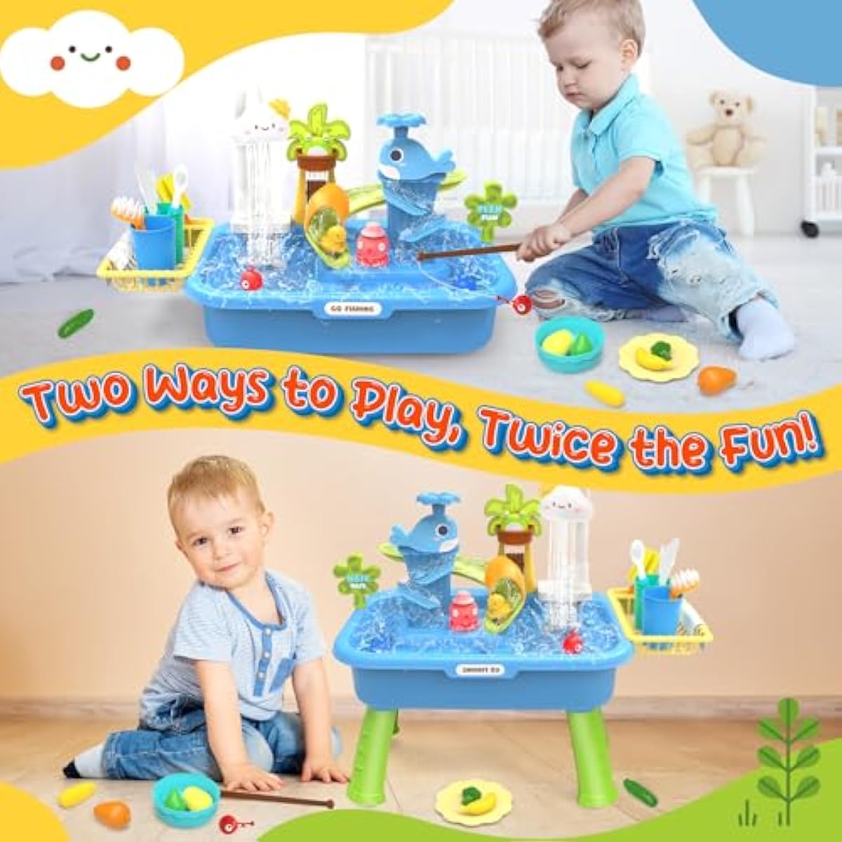 21 Blue Kids Kitchen Sink Toy with Electric Faucet 4-in-1 Play Set with Detachable Legs and Fishing Game