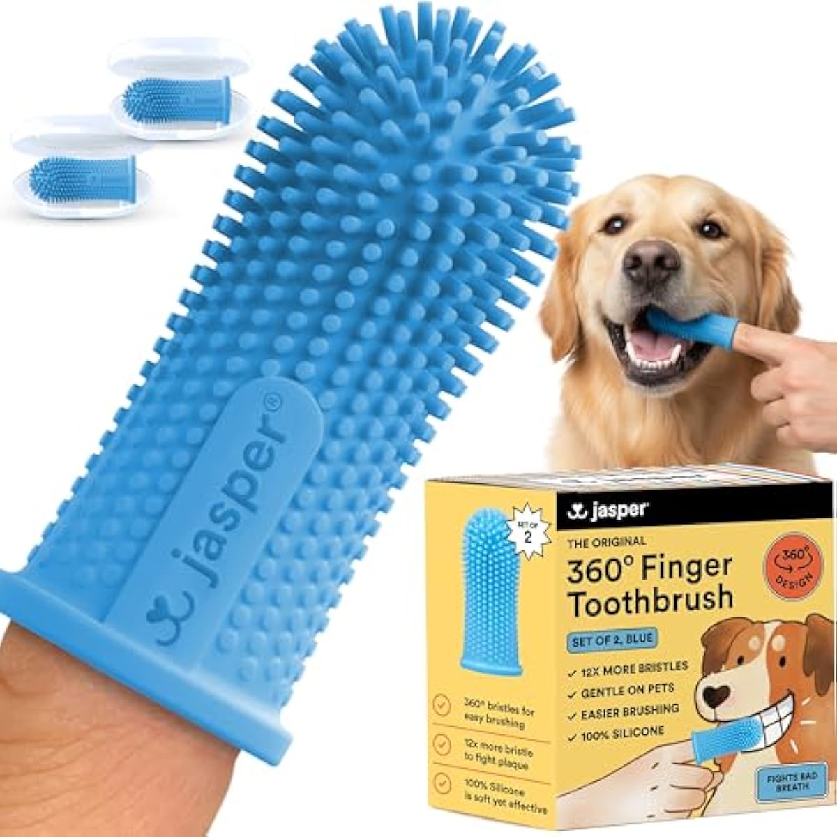 Jasper 2-pack 360-degree dog toothbrush kit for small and large pets, blue