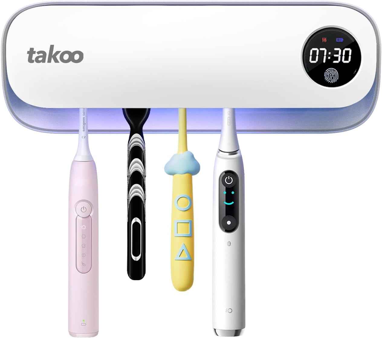 Takoo Toothbrush Cleaner, 4 Slots Wall Mounted Toothbrush Holder for Bathroom, Smart Hot Air Drying Technology, Rechargeable Smart Home Gadget