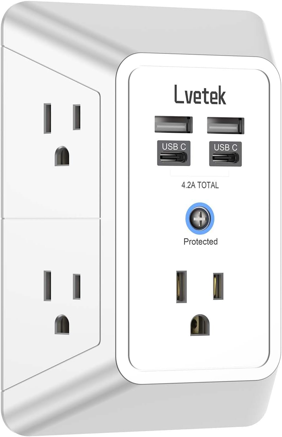 5 outlet wall extender with 4 USB charging ports, 3-sided surge protector, ETL listed, white