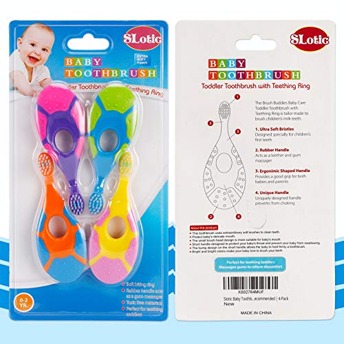 slotic baby toothbrush for 0-2 years, safe and sturdy, toddler oral care teether brush, dentist recommended (4-pack)