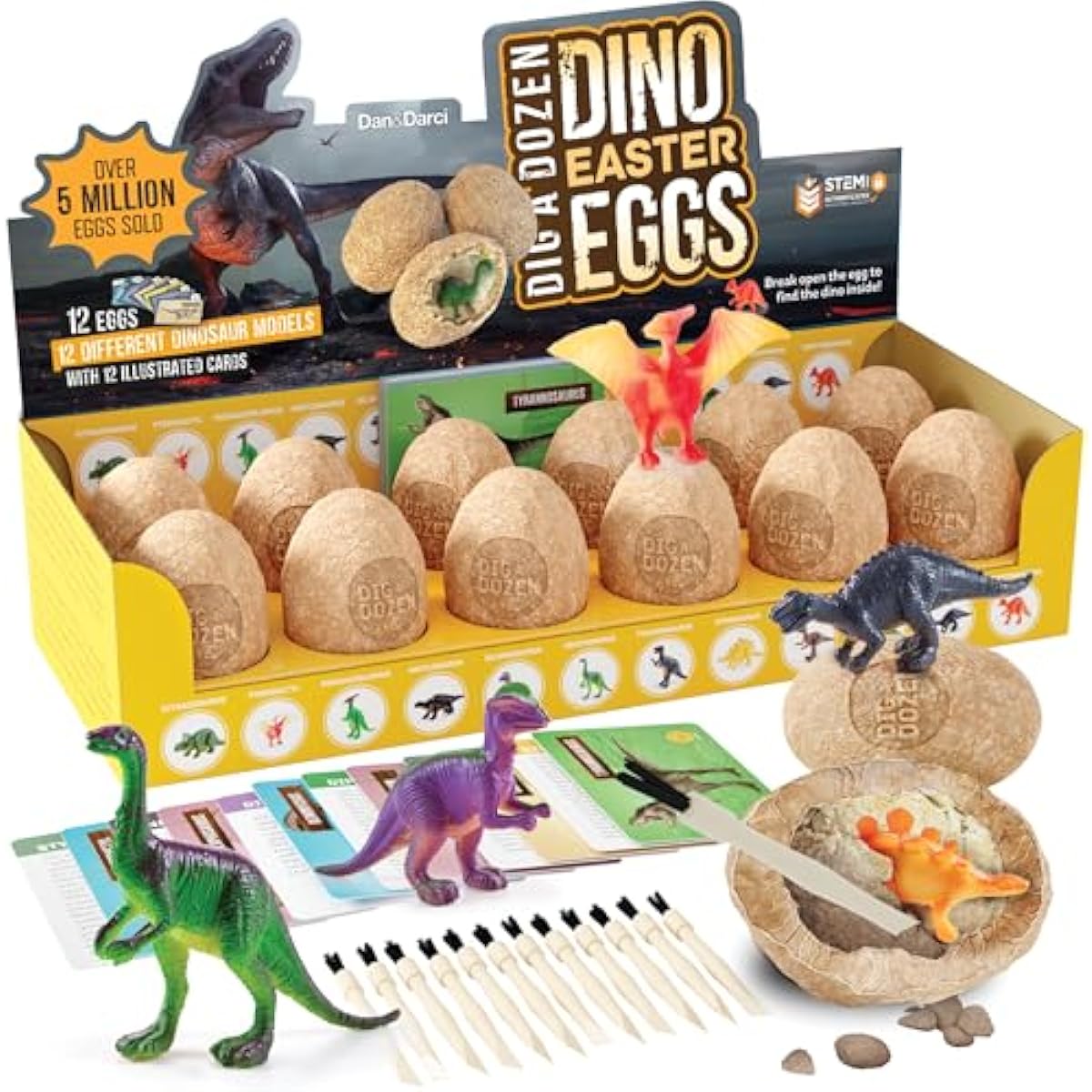 Dan&Darci Dig a Dozen Dino Egg Kit for Kids - Easter Basket Stuffers - Dinosaur Toys Gift 3-12 Year Old - 12 Eggs & Surprise Dinosaurs - Science STEM Activities - Boy Toy Party Gifts for Boys & Girls