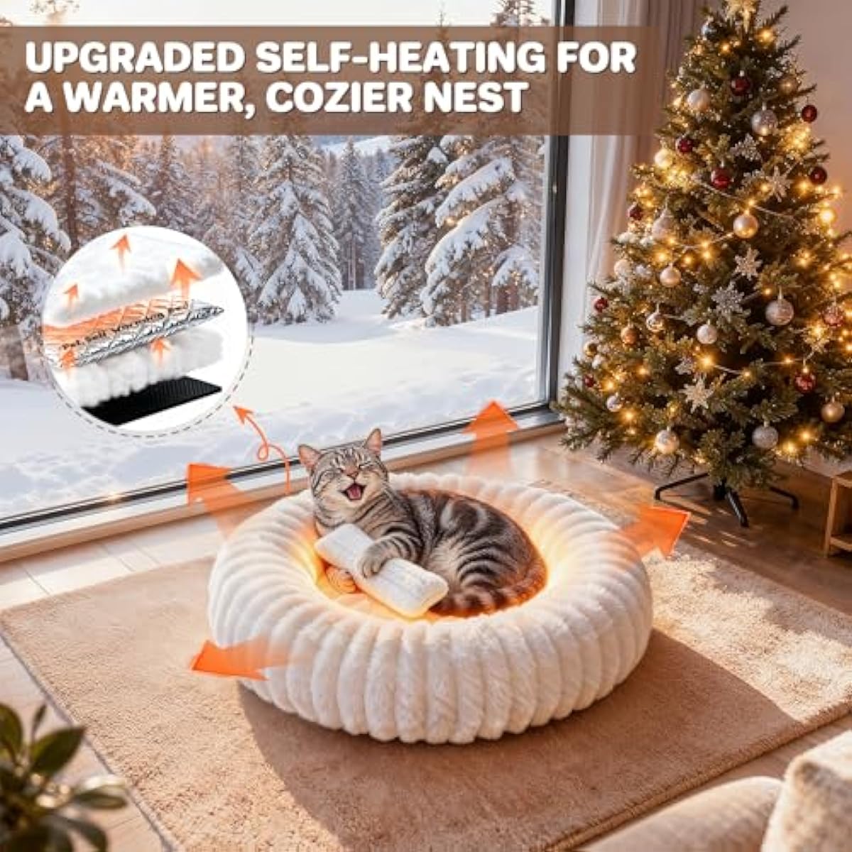 Self Warming Cat Bed for Indoor Cats, Donut Shape, Self-Heating Dog Bed with Non-Slip Bottom, Washable & Portable (Size S)