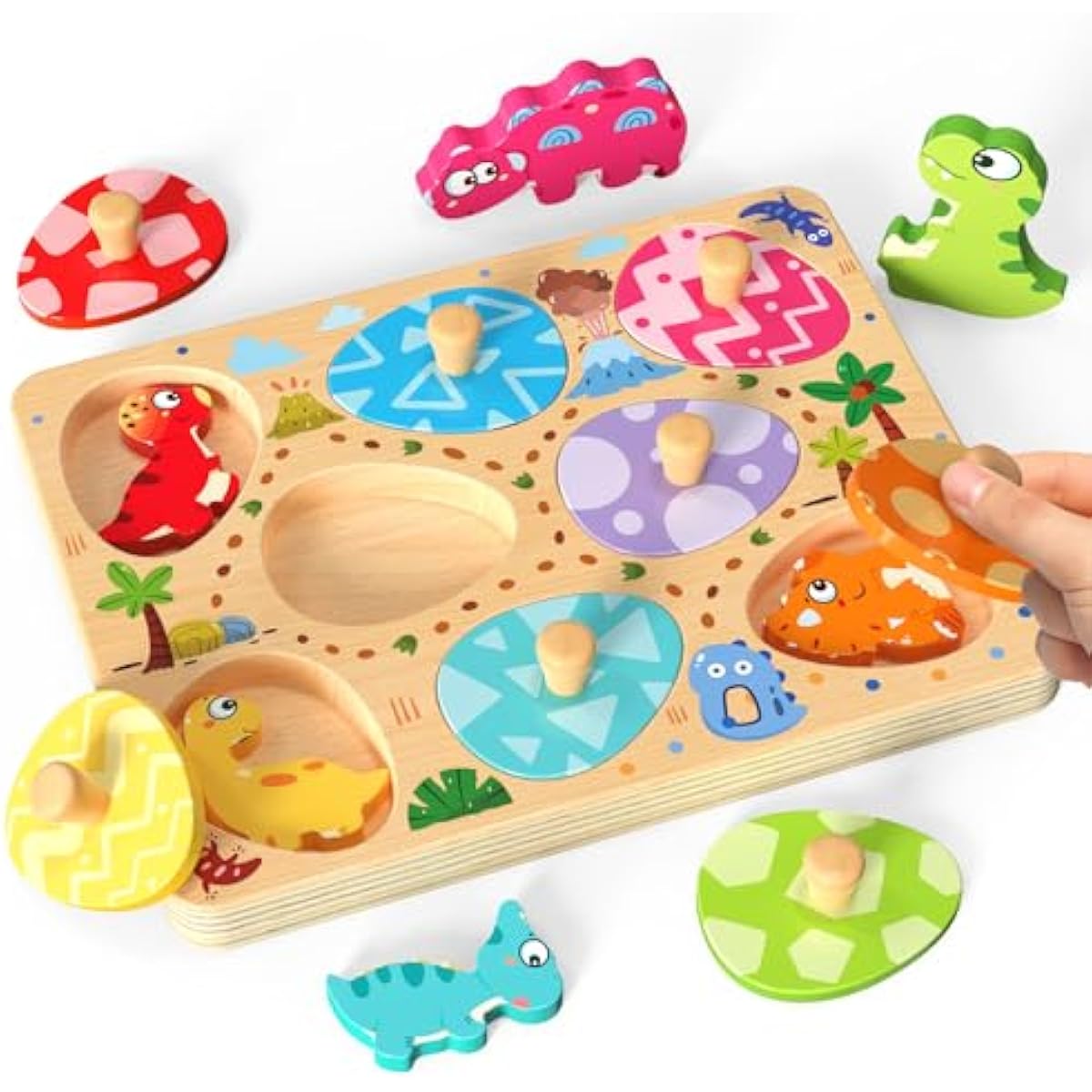 Montessori wooden puzzles for toddlers, 8pcs dinosaur egg matching, educational preschool learning toys