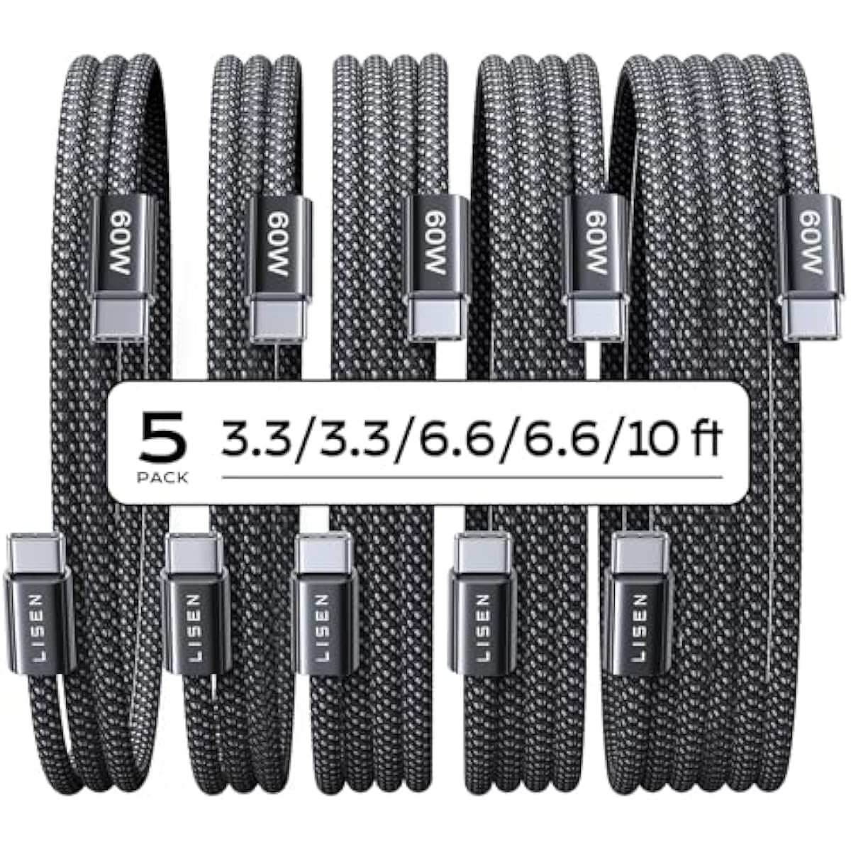 Lisen 5-pack usb c to c cable, 60w fast charging, 10ft for iphone 17, ipad, galaxy s25/s24
