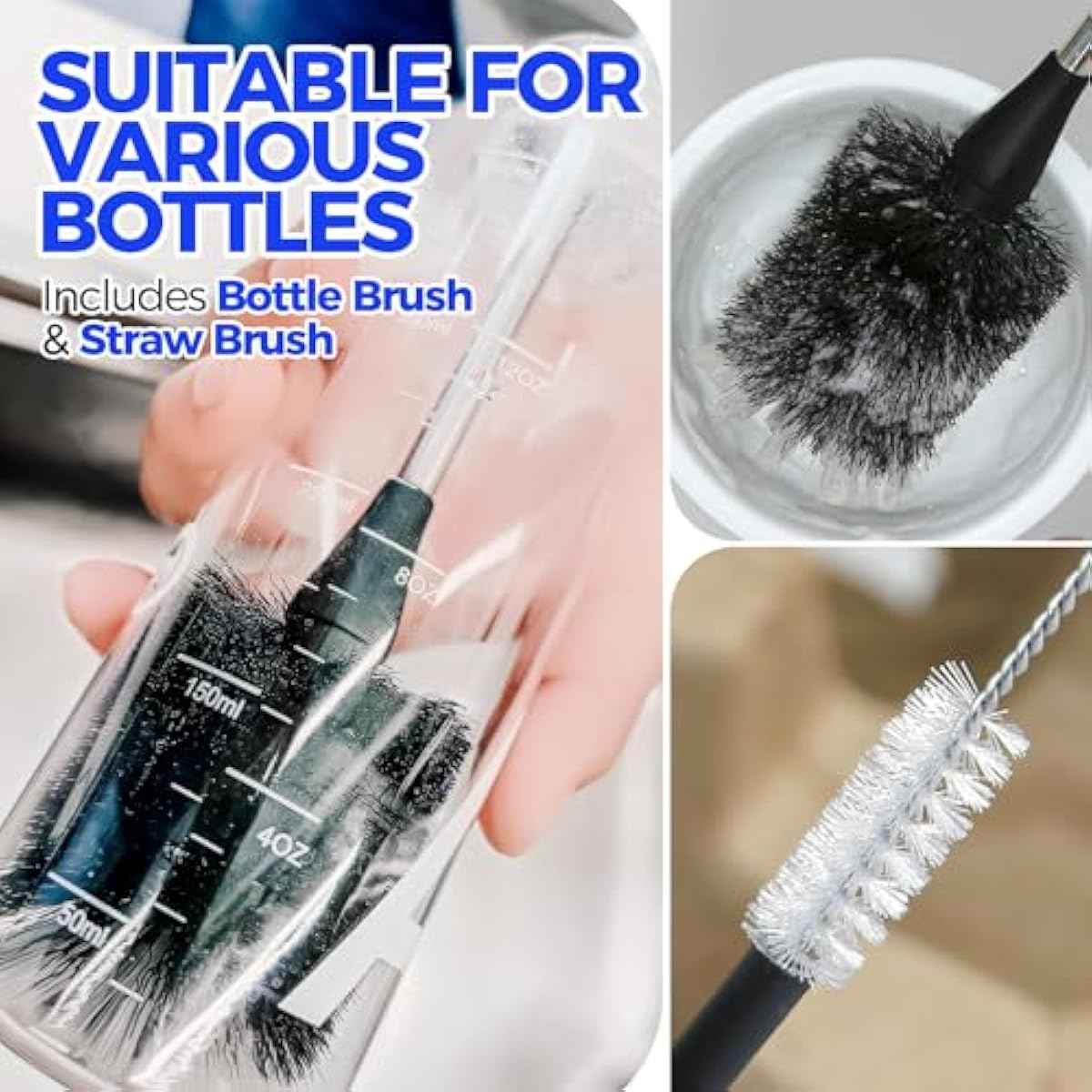 Holikme Bottle Brush Cleaner Set, 14" Long Handle Stainless Steel Bottle Cleaner Brush, 3 Straw Cleaner Brush, Bottle Cleaning Brush for Water Bottle, Cups, Abrasive Wheel Brushes, Straws Black