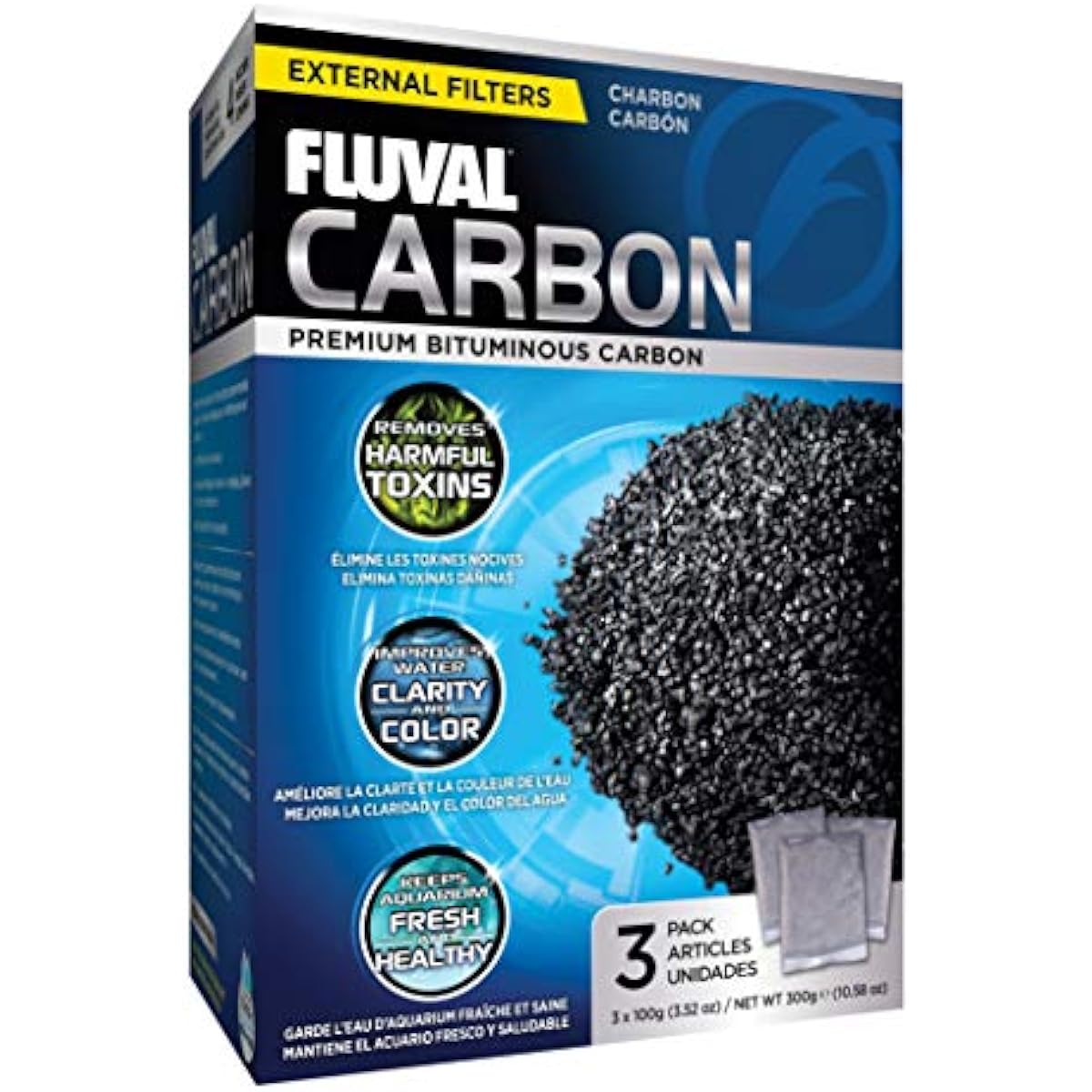 Fluval premium bituminous carbon filter media for aquariums, 3-count 100-gram nylon bags, pack of 1