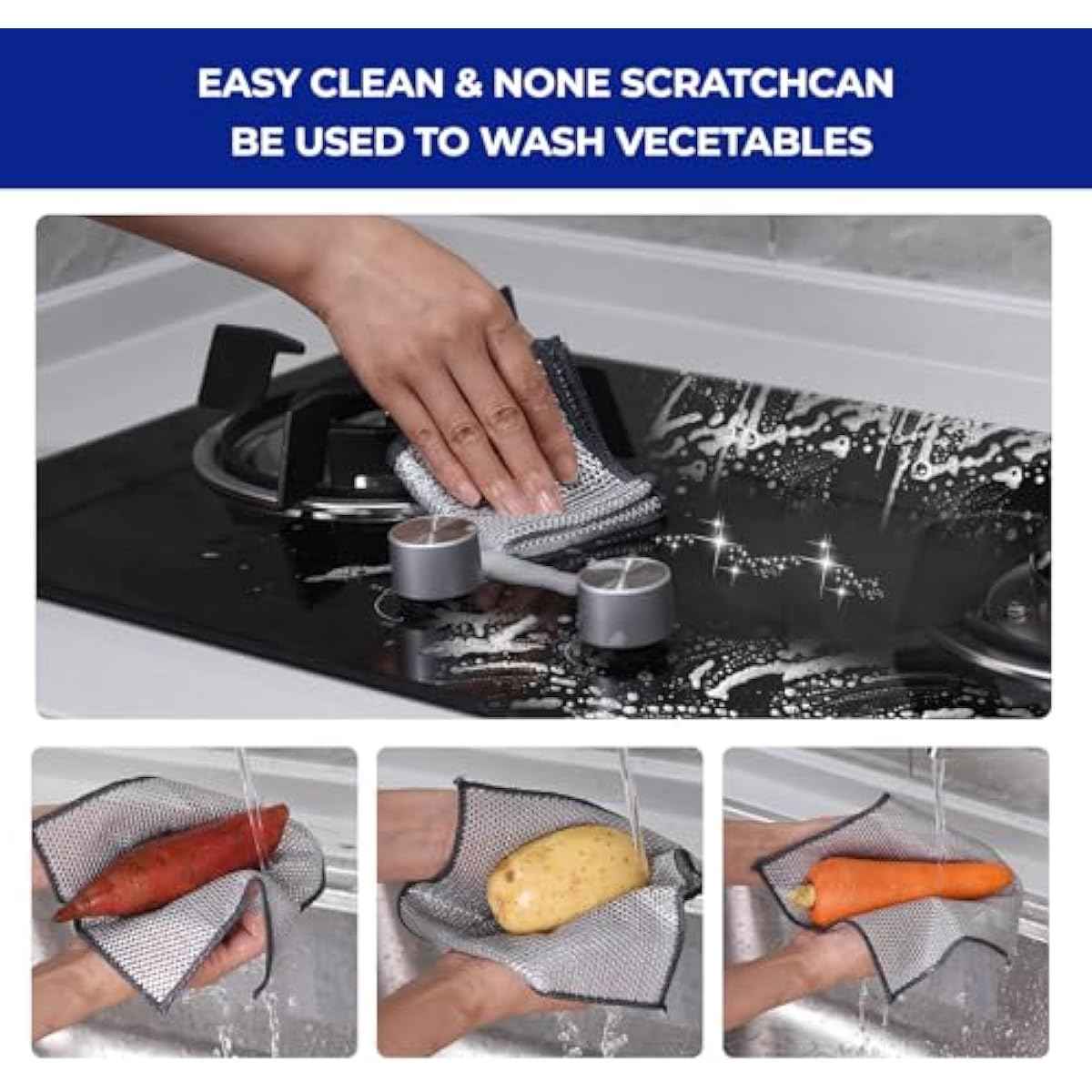 12 PCS 3-Layer Non-Scratch Multipurpose Steel Wire Dishcloths - Reusable Quick-Dry Odor-Free Scrub Cloths for Dishes, Kitchen Cleaning Cloths for Cookware, Sinks, Stove Tops(7.87X7.87)