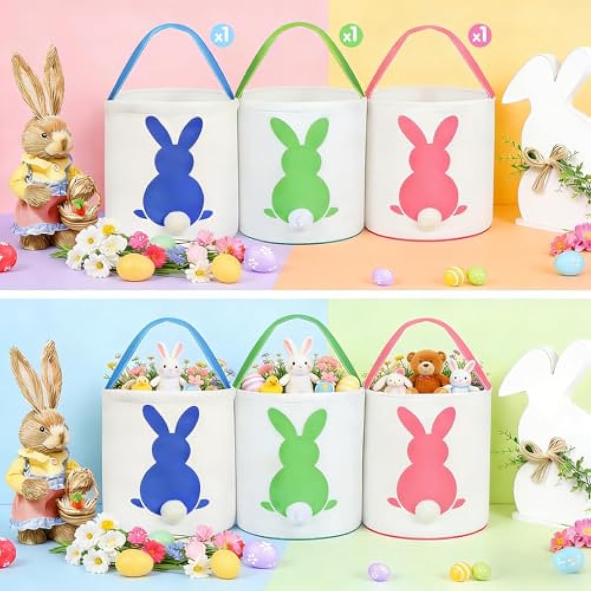 3 pcs canvas bunny print easter egg hunt gift basket with fluffy tails for kids party decoration