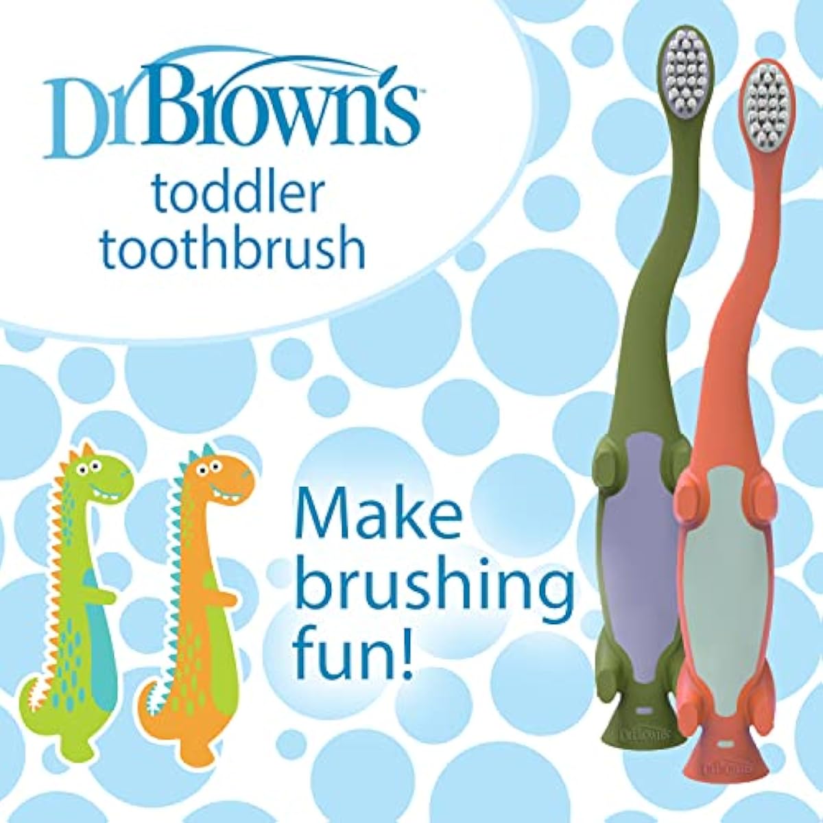 Dr Brown's Baby Toddler Toothbrush Green and Orange Dinosaur 2-Pack Ages 1-4 Years Soft Bristles Suction Cup Base