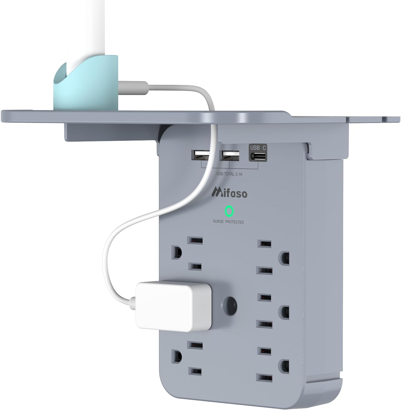 wall outlet extender with 6 ac outlets, shelf, 2 usb & usb c charging ports - compact plug expander