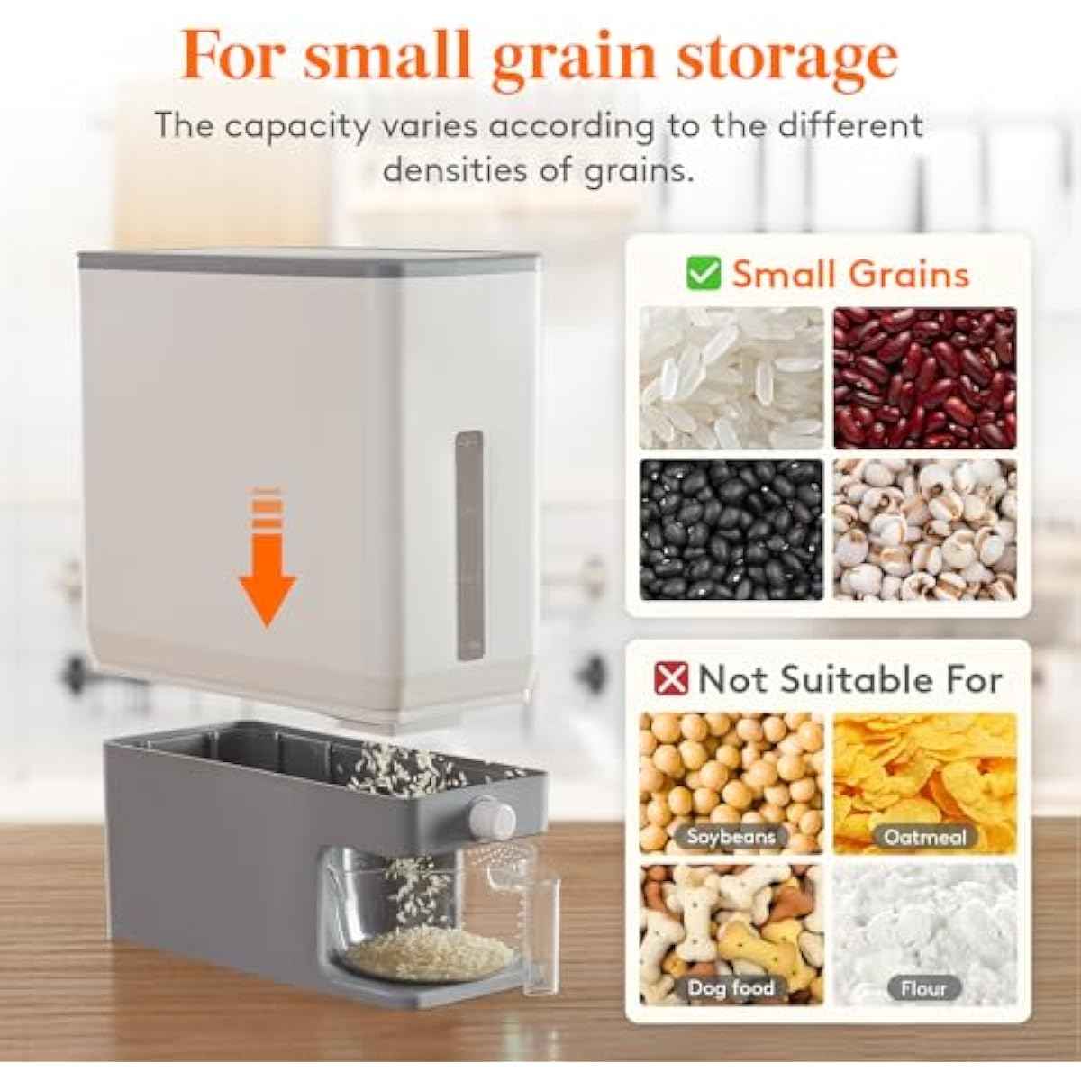 Lifewit Rice Dispenser 25 Lbs(11.3kg), Rice Storage Container Sealed Moisture Proof with Measuring Cup for Kitchen Pantry Household, BPA-Free, 1 Pack Grey
