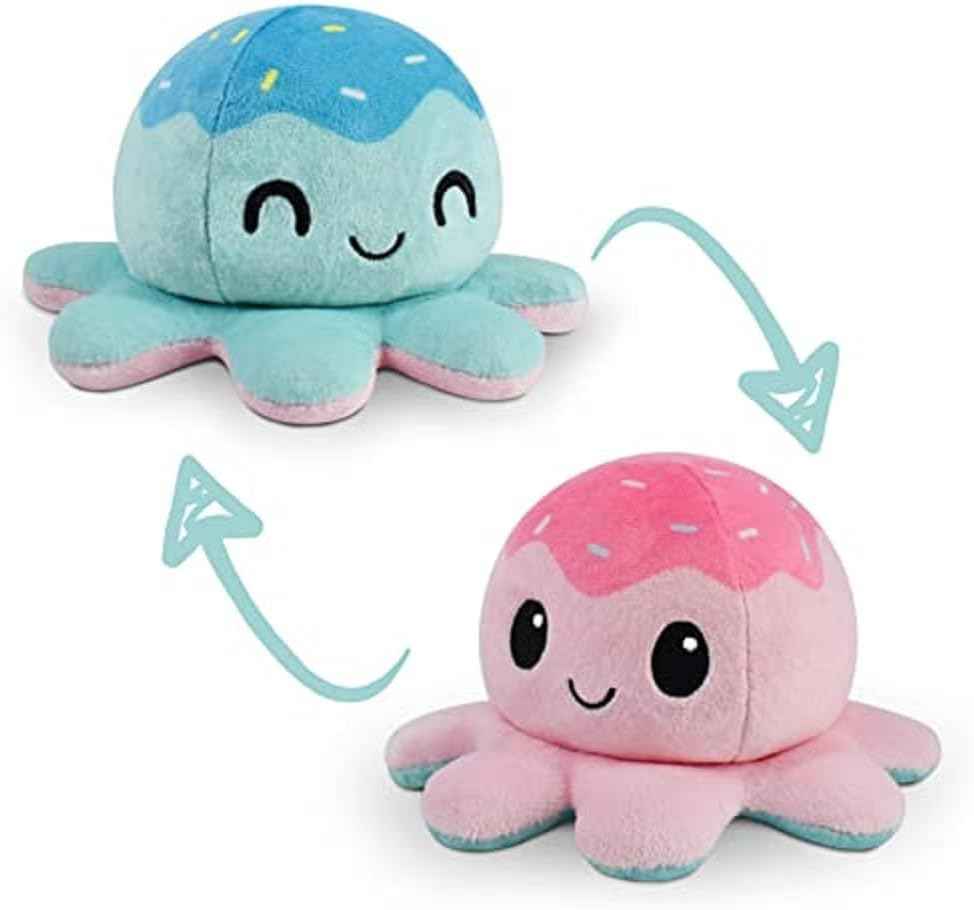 TeeTurtle Reversible Octopus Plushie - 4-Inch Pink + Aqua Two-Sided Flip Plush Toy with Embroidered Details - Cute Mini Collectible Plush for Kids, Teens, and Adults