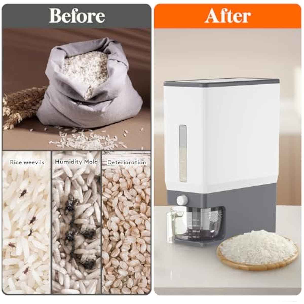 Lifewit Rice Dispenser 25 Lbs(11.3kg), Rice Storage Container Sealed Moisture Proof with Measuring Cup for Kitchen Pantry Household, BPA-Free, 1 Pack Grey